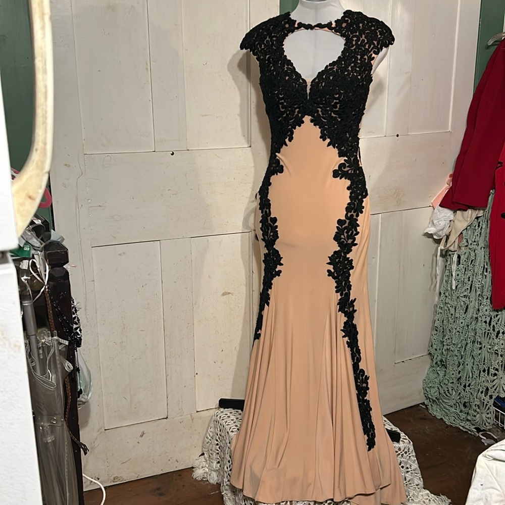 Ab Fab Betsy & Adam Gown Bodycon Black Lace on Beige Maxi Bandaid Column Size OP